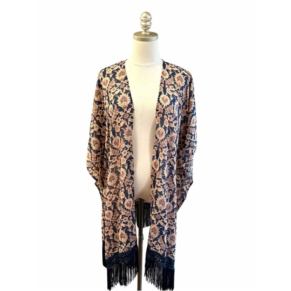 Xhilaration Womens Boho Festival Floral Print Duster Kimono Size M/L Fringe